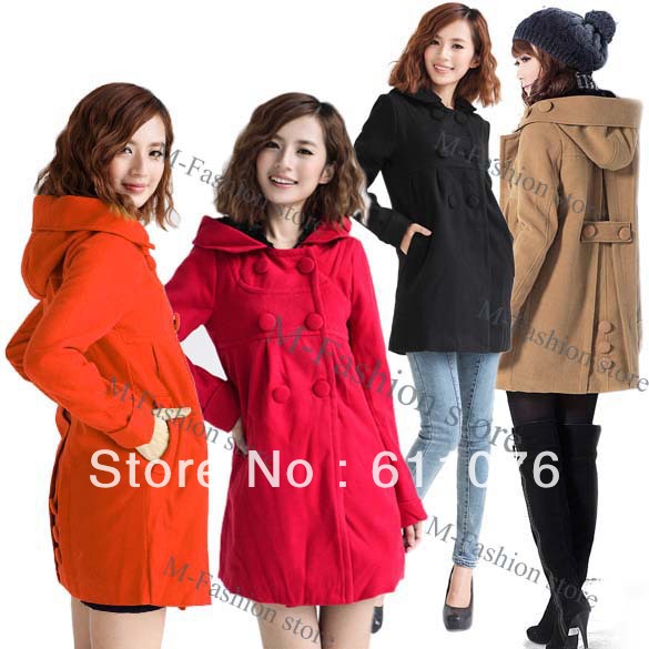 Korea Women's Ladies Slim Fit Double-breasted Hoody Wool Coat Jacket Outwear Overcoat 5 Colors M,L,XL free shipping 7821