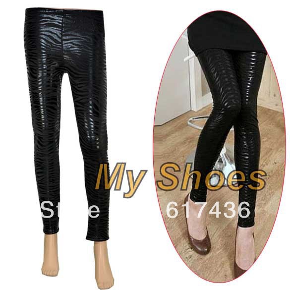 Korea Women's Leggings Artificial Leather Zebra Pattern Thicken Render Pants Tights Free Shipping 8248