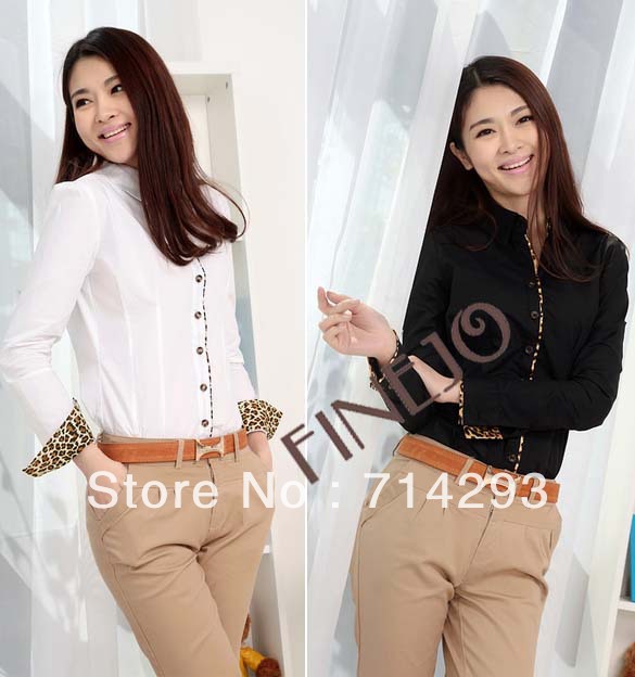 Korea Women's Leopard Print Splicing Long Sleeves Shirt Blouse Tops 2Colors 4Sizes free shipping 11053