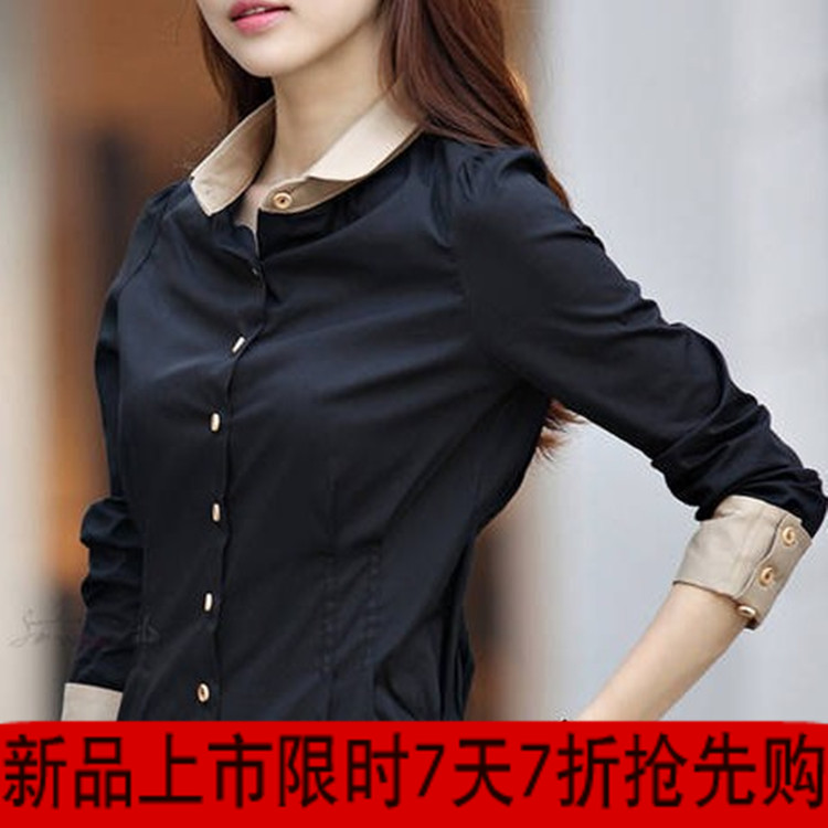 Korea Women's Long Sleeve OL Blouse/ Shirts/ Tops Black,blue S,M,L,XL,XXL free shipping 7748