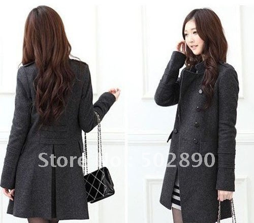 Korea Women's Long Stand Collar Slim Double-Breasted Cashmere Wind Breaker Overcoat