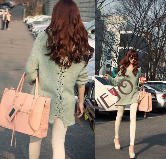 Korea Women's Loose Back Lace Up Hollow Batwing Sleeve Sweater Free shipping 8497