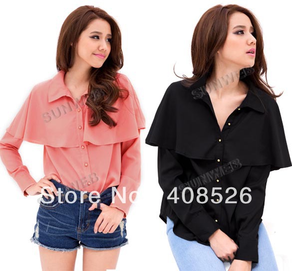 Korea Women's New Style Wave Mantle Shape Long Sleeve Shirts Tops Blouse Black, Pink  free shipping 10134