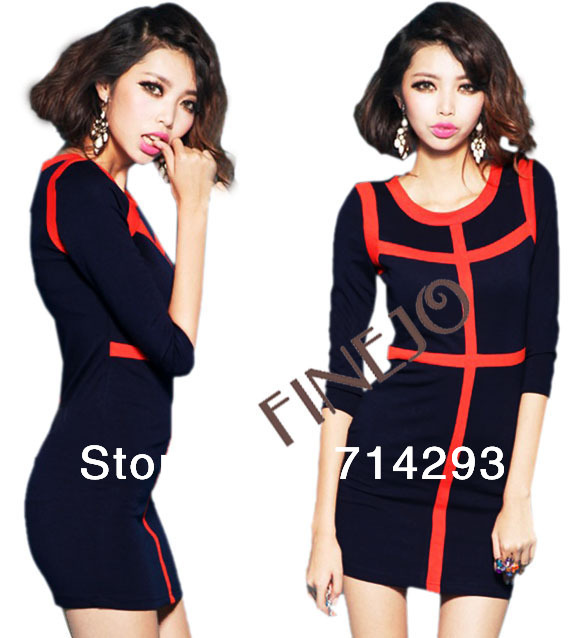 Korea Women's Sexy Three-quarter Sleeves Fitting Bag-hip Render Mini Dress Free shipping 9357