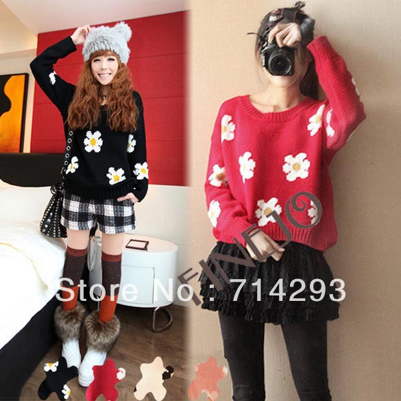 Korea Women's Winter Long Sleeve Pullover Flowers knitting Sweater Free shipping 10016