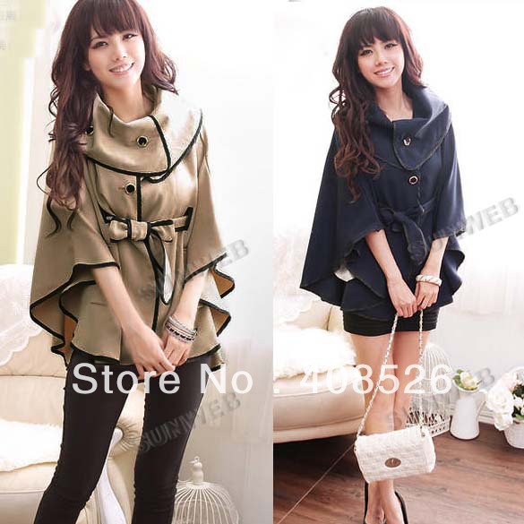 Korea Women's wool Coat outwear Cloak Coat with Waistband Dark Blue, Khaki Free shipping 9130