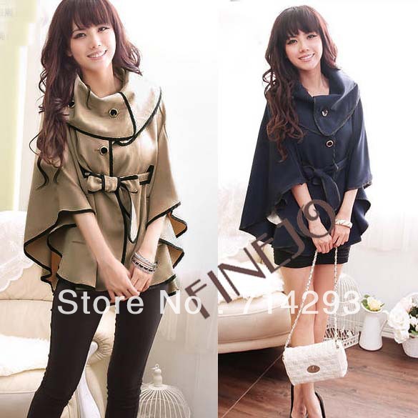 Korea Women's wool Coat outwear Cloak Coat with Waistband Dark Blue, Khaki Free shipping 9130