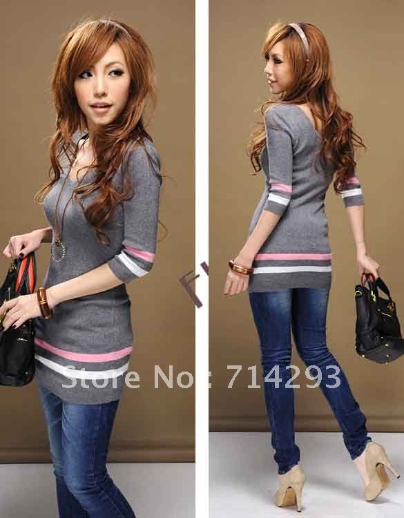 Korea Women V-neck Slim Fit Three-quarter Length Sleeves knitting Stripe Sweaters 3 Colors free shipping 8073