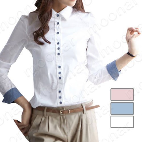 Korean Bowknot Tie Button-down Womens Shirts Slim Tops Casual Business Blouses E0808