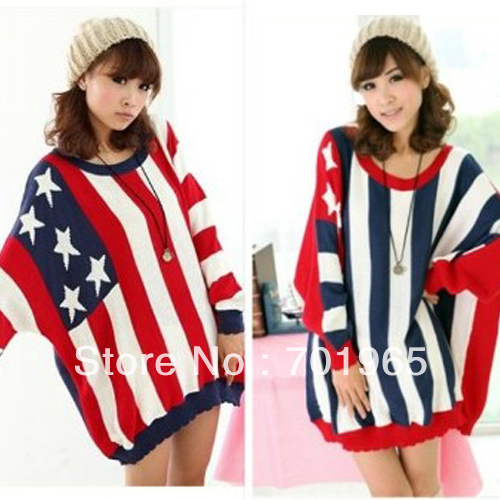 Korean Fashion Casual Ladies Stripe Loose Batwing Long Sweater Tops YH3075