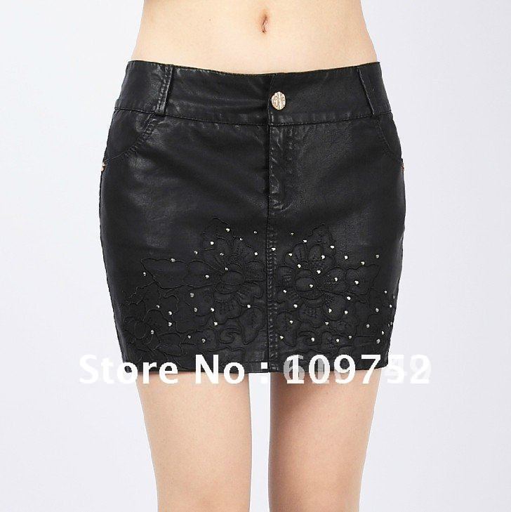 Korean fashion embroidery diamond slim leather skirt skirts  Free shipping