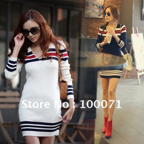 Korean Fashion Mixed Color Striped V-neck Knitwear Long Sweater Slim Skirt Dress  [23901|99|01]