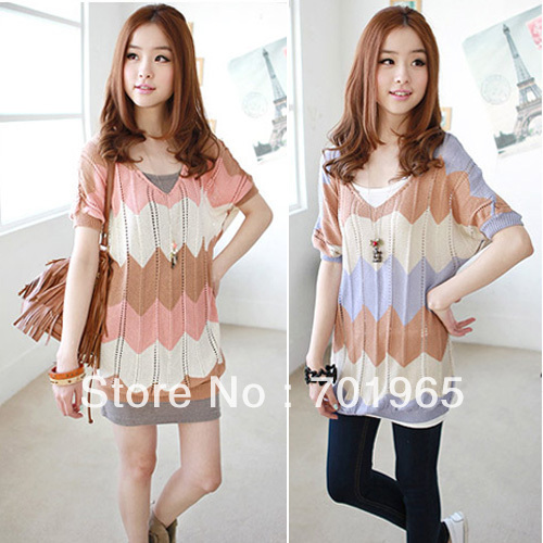 Korean Fashion Sweet Cute Women Mixed Colors Stripe V-Neck Sweater Tops YH3042