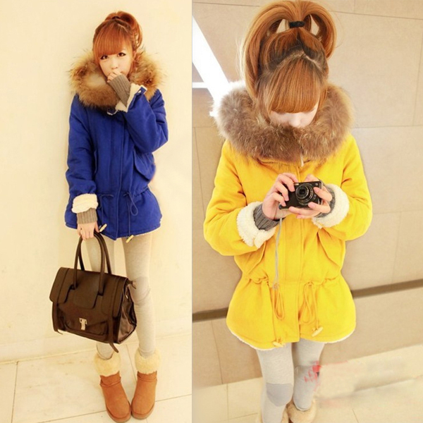 Korean Fashion Winter Warm Lace Up Hooded Thicken Fleece Cotton Coat Jacket Womens Lady # L034404