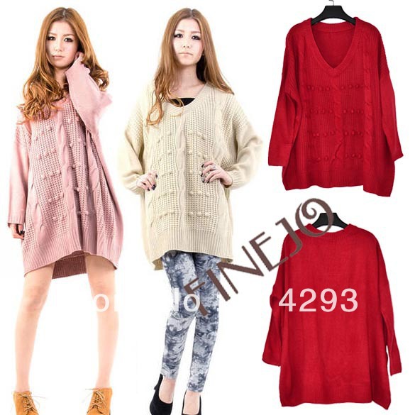 Korean Fashion Women's Casual Loose Bat Sleeve V-Neck Knitting Sweater Tops Free Shipping 9475