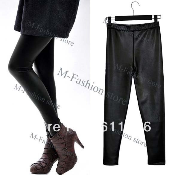 Korean Fashion Women's Imitation leather Slim Thicken warm Leggings Tights Pants Black free shipping 8491