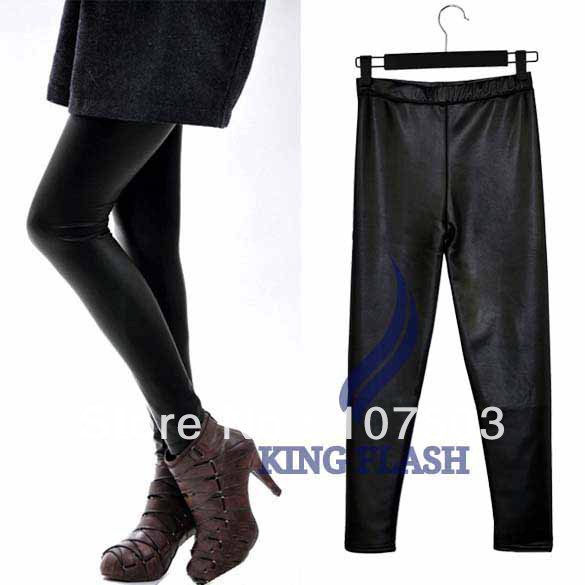 Korean Fashion Women's Imitation leather Slim Thicken warm Leggings Tights Pants Black free shipping 8491