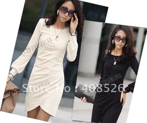 Korean Fashion Women's Slim OL Fit Round Neck Long Sleeve Dress Rivet Decoration Mini Black; Beige,Purple 7985