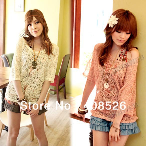 Korean Fashion Women's Two Pieces Hollow Out Lace Blouse Top + Flower Pattern Vest free shipping 10236