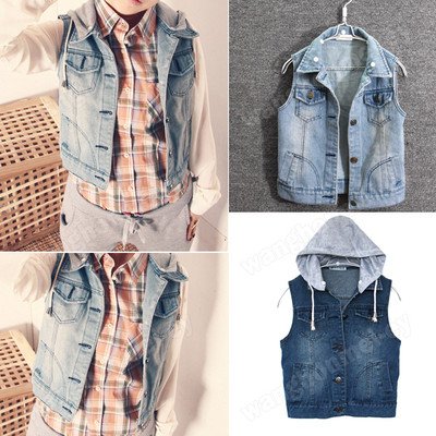 Korean Fashion Womens Vintage Washed Blue Denim Hooded Vest Sleeveless Jacket