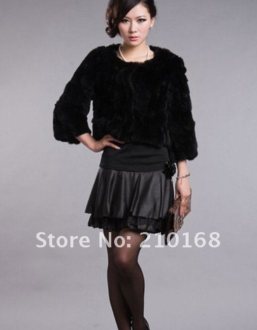 Korean High Quality Round Collar Rabbit Hair Fur Coat Black   free shipping HN12090550-3