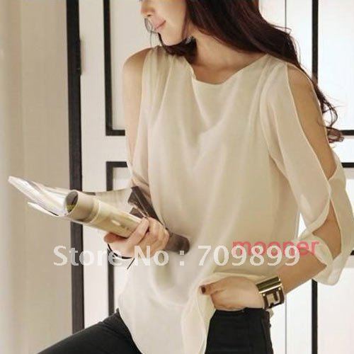 Korean Hollow Bare Shoulder Crew Neck Loose Chiffon T Shirt Casual Tops Blouse E0596