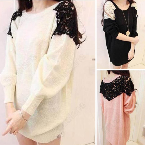 Korean Lace Splicing OL Sweet Casual Loose Long Sleeve Round Neck Long Sweater Knitwear Free Shipping 31806