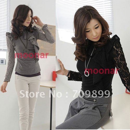 Korean Ladies Lace Standing Collar Top T Shirt Long Sleeve Blouse Casual E0394