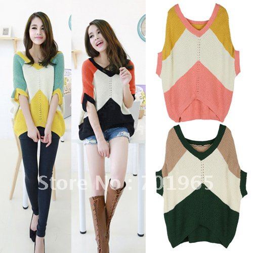 Korean Leisure Sweet Women Bat Sleeve V-Neck Hit Color Sweater Tops LL150