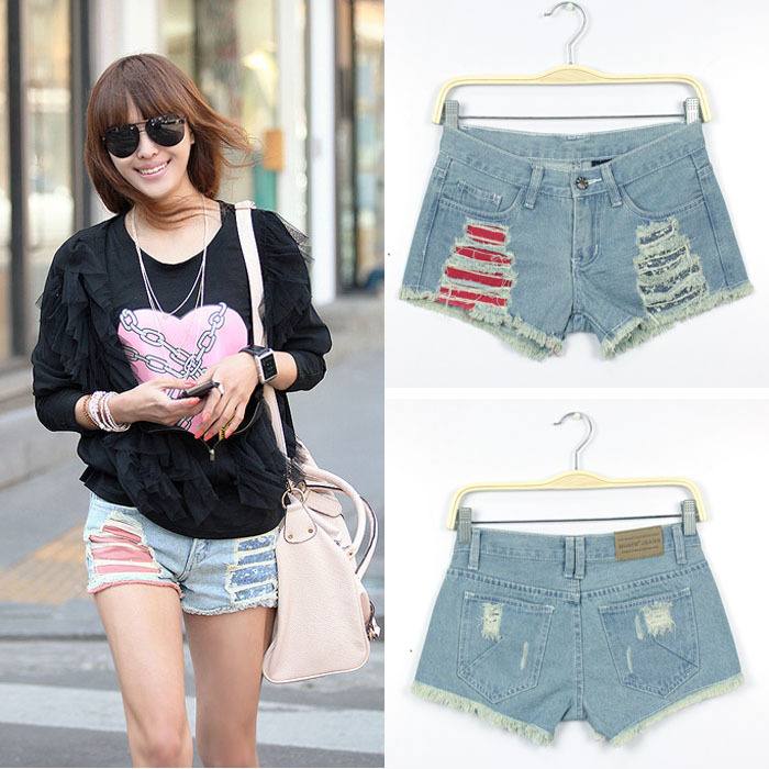 Korean New Fashion Light Blue Jeans Women Hole Shorts Denim Frayed Shorts FREE SHIPPING Drop Shipping