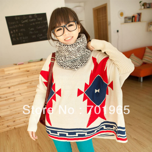 Korean New Round Neck Casual Women Batwing Loose Rhombus Sweater Tops YH3070