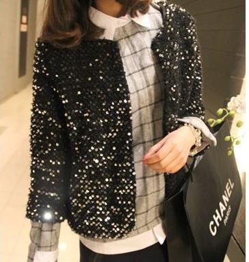 Korean ' party queen buling paillette sequin woolen three quarter sleeve short jacket ,Free shipping