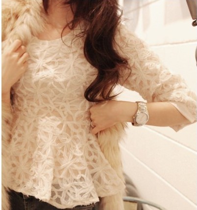 Korean party waist was thin sleeve openwork embroidery stereo Flower Duo Leisi shirt bottoming shirt female D0443