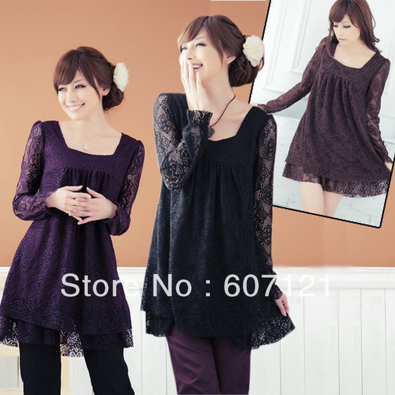 Korean plus size Womens casual lace dress long-sleeve one-piece skirt fashion dresses