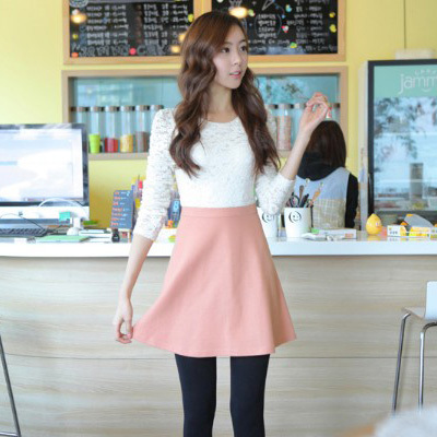 Korean Style Fall Clothing Women Cute White Lace Tops Patchwork Pink Bottom Dress Long Sleeve N8006