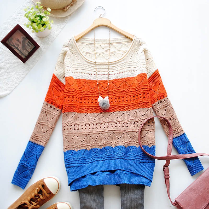 Korean style new arrival women's pullover Rainbow Hollow long-sleeve loose big sweater female knitwear