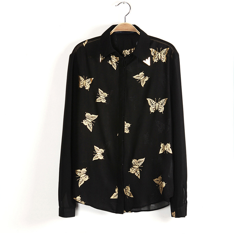 Korean Style Women blouse Chiffon Shirt Gold stamp collar Vantage Tops Butterfly Print long sleeves new styles for 2013