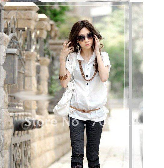 Korean style women must have fashion Elegant casual all match shirt blouses with belt /free shipping Promotion 0216