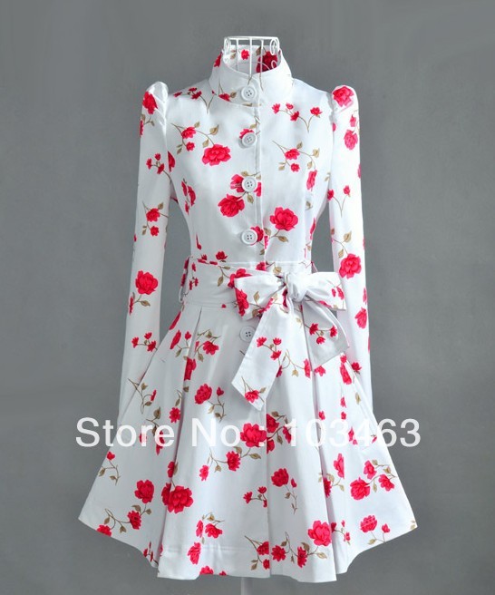 Korean style Women Ruffled Angel Trench Coat Floral Print Fashion Outwear Winter Coat Princess Overcoat White A35