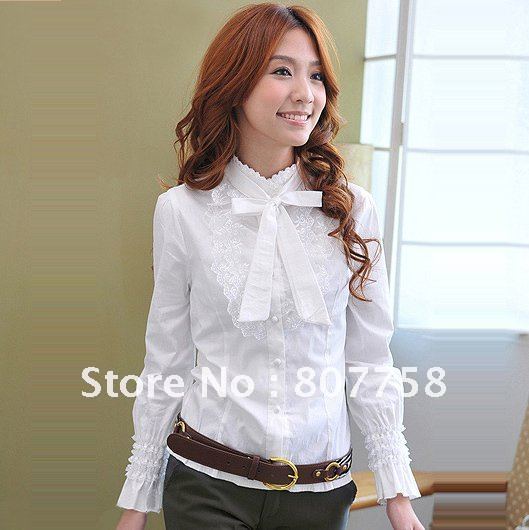 Korean style  women's fashion skinny lace shirt with bow,  cuaual office ladie's blouse,free shipping,hot sale