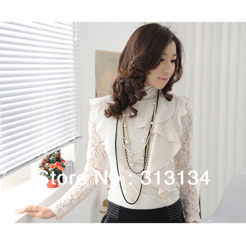 Korean Style Women\'s Lace Stand-Collar Top T Shirt Long Sleeve Casual Blouse free shipping