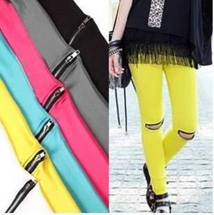 Korean version of the candy-colored milk silk Slim knee Zipper Leggings nine points stretch thin