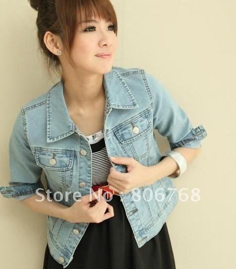 Korean version Slim denim jacket lapel 7 points sleeve short coat denim jacket  FREE SHIPPING