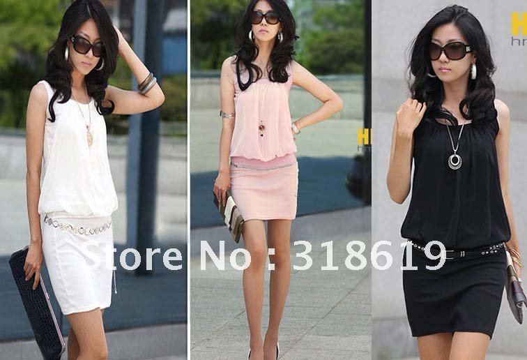 Korean Women Graceful Chiffon Dress o-neck short skirt dress Summer Free Shipping