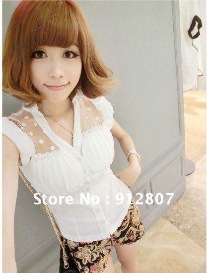 Korean women's 2012 summer New sweet little sexy wave little perspective wrap chest chiffon shirt women polka dot lace shirts