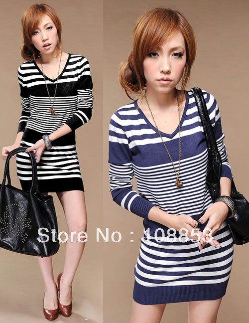 Korean Women's Irregular V-Neck Striped Slim Knitting Sweater Free Shipping CMC-0114