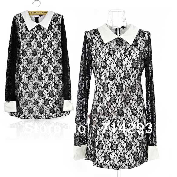 Korean Women's Ladies Sexy Slim Fit Long Sleeve Mini Lace Dress Black free shipping 6626