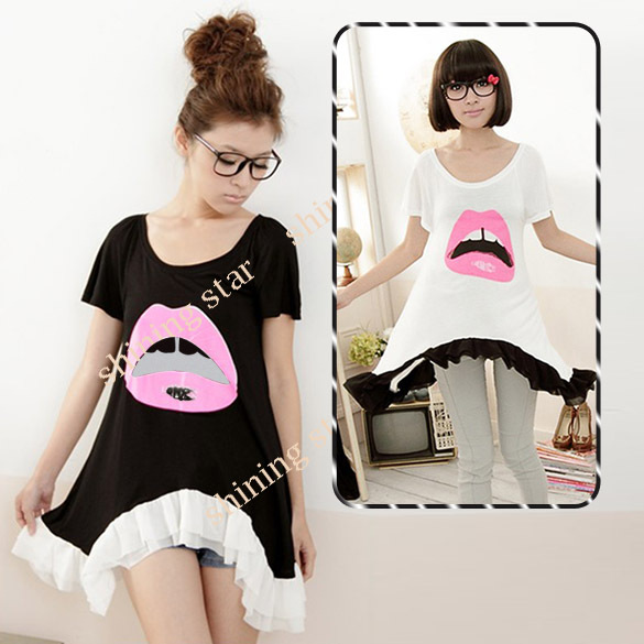 Korean Women's Top T-Shirt Cartoon Red Lips Casual Loose T-shirt Blouse Black/ White S11070