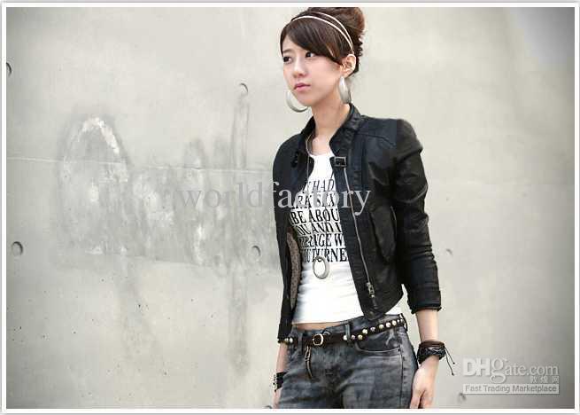 Korean Women Short Style Slim Motorcycle PU Leather Jacket Coat Good