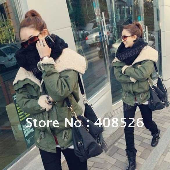 Korean Women Winter Warm Fleece Zip Up Military long Coat Outwear Trench Coat free shipping 7918